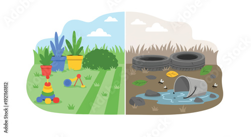 Illustration of a split landscape contrasting a clean green field with a polluted area with trash and tires