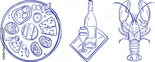 Dolce Vita poster set with Italian holiday outline sketches, Italian summer Dolce Vita cards collection. Seafood, wine, lobster and coastal elements in scribble outline flat vector style