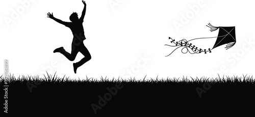 Silhouette of a person jumping and flying a kite in a grassy field