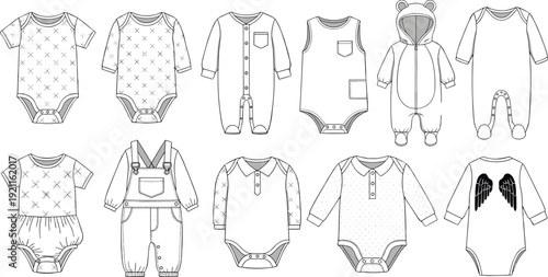 Baby clothing vector outline set, newborn infant apparel collection, onesie bodysuit romper design templates, cute kids fashion sketch illustration elements