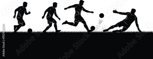 Silhouette of soccer players in action on a field with a ball black and white sports
