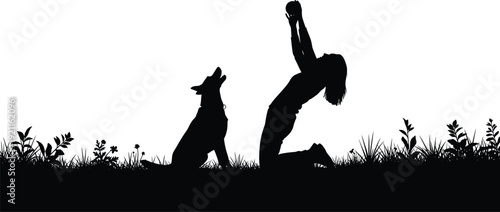 Silhouette of woman doing yoga with dog in grassy field