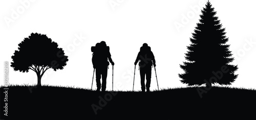 Two Hikers with Backpacks and Trekking Poles Walking in Nature with Trees Silhouette