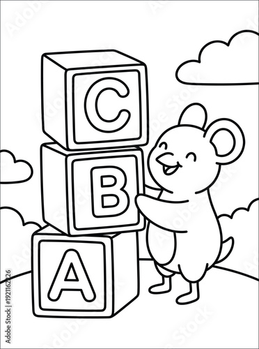 Cute Mouse Stacking Alphabet Blocks Coloring Page