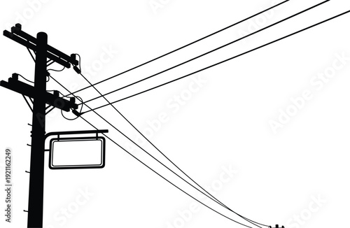Black and white silhouette illustration of utility pole with multiple power lines, crossarms, insulators, hanging sign, minimalist infrastructure vector art design