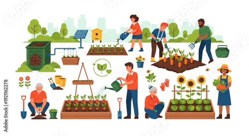 People gardening in a community garden with various plants and flowers using eco friendly practices and tools