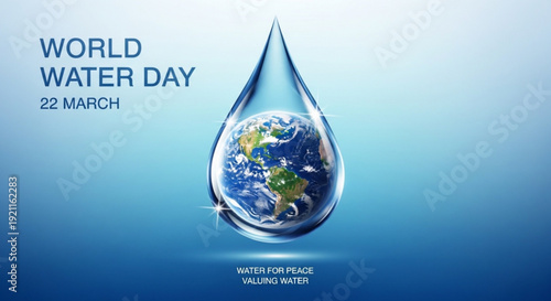 World water day poster with earth globe inside a water drop on blue background