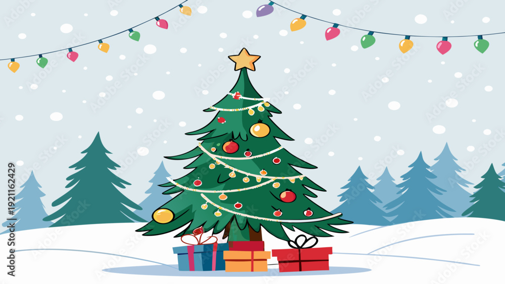 Fototapeta premium Decorated Christmas Tree Vector with Presents Illustration
