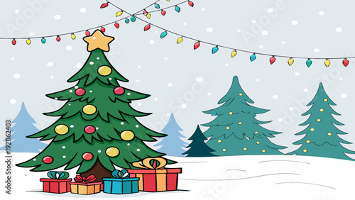 Christmas Eve Tree Vector with Gift Boxes and Snow