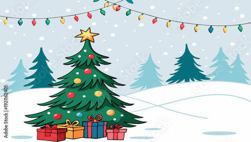 Christmas Eve Tree Vector with Gift Boxes and Snow