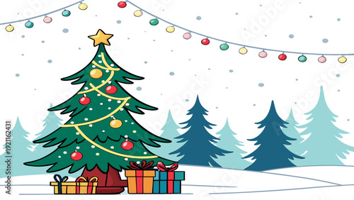 Winter Christmas Landscape Vector with Festive Lights