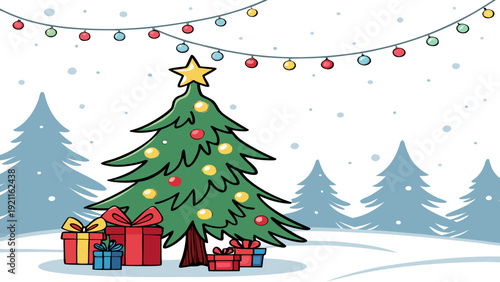 Winter Christmas Landscape Vector with Festive Lights