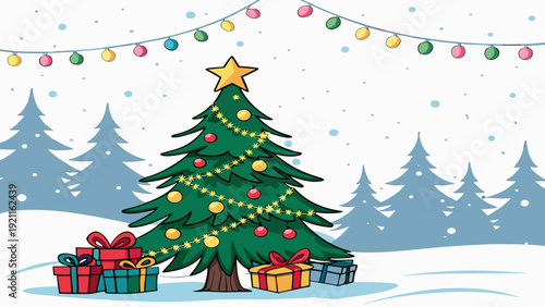 Winter Christmas Landscape Vector with Festive Lights