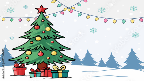 Winter Christmas Landscape Vector with Festive Lights