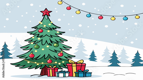 Winter Christmas Landscape Vector with Festive Lights