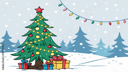 Winter Christmas Landscape Vector with Festive Lights