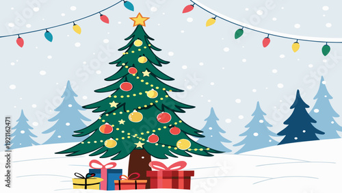 Decorated Christmas Tree Vector with Presents Illustration
