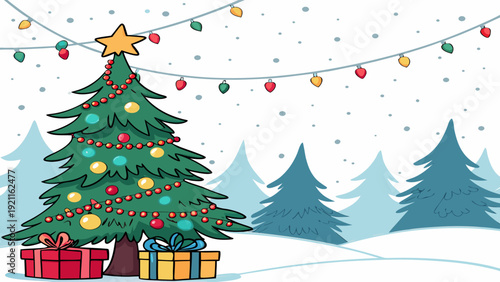 Decorated Christmas Tree Vector with Presents Illustration