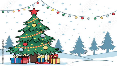 Decorated Christmas Tree Vector with Presents Illustration