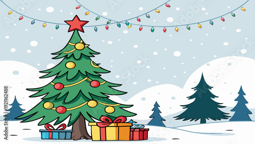 Decorated Christmas Tree Vector with Presents Illustration