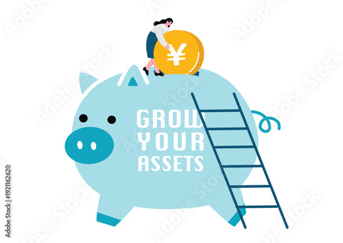 貯金箱とコインを持っているスーツ姿の男女