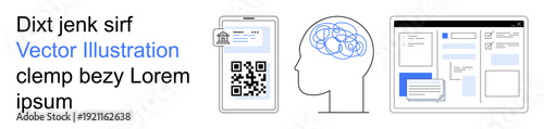Digital authentication, mental health awareness, data privacy, educational tools, communication technology, healthcare systems. QR code, brain outline and digital interface. Data privacy and mental