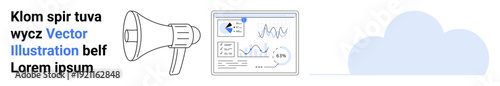 Advertising, data visualization, cloud computing, marketing strategies, analytics, online trends. A megaphone next to analytics graphs and cloud icons. Advertising and data visualization symbol
