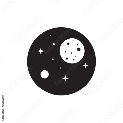 Graphic illustration of a planet with moons and stars in a celestial night sky scene