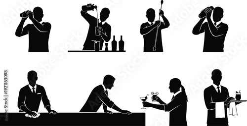 Black and white bartender silhouette vector set featuring professional servers mixing drinks pouring cocktails and serving guests on white background.