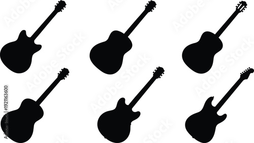 Black guitar silhouettes on white background music