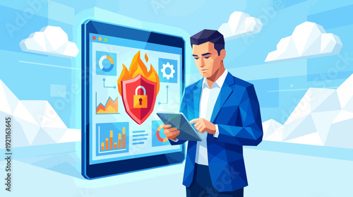 Businessman Securing Digital Data: Cybersecurity and Firewall Protection in Cloud Computing Environment with Tablet Interface