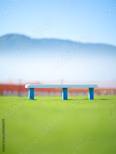 A white bench stands alone on green grass with mountains in the background