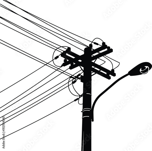 Black and white silhouette utility pole illustration, urban infrastructure with power lines, insulators, crossarms, and streetlight lamp, electricity distribution system artwork