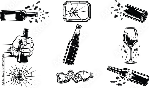 Black and white broken glass vector set featuring smashed beer bottles cracked window panes and damaged wine glasses on white background.