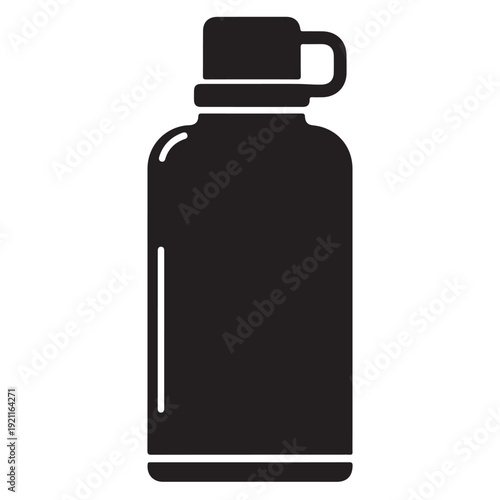 Simple black thermos bottle with screw on lid and handle on a white background