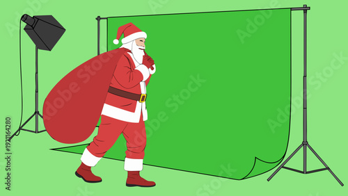 Santa Claus walking with a sack in front of a green screen studio setup.