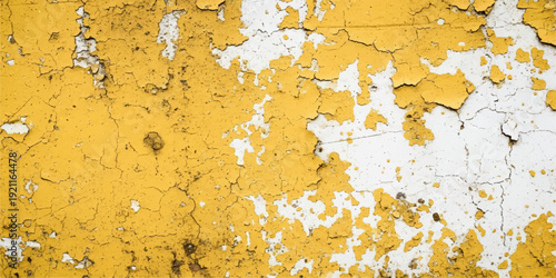 An aged yellow concrete wall meets a weathered rusty metal surface in a gritty, grunge texture backdrop featuring peeling paint and a cracked vintage design