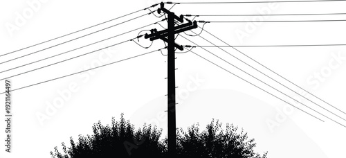 Black and white silhouette vector of an electric utility pole with power lines and insulators over bushes against a clear sky background,