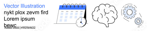 Time management, productivity, brainstorming, scheduling, cognitive processes, organization. Visual elements include a calendar with a clock, a brain and gears. Time management and productivity