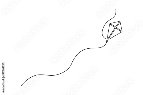 A minimalist one-line drawing of a diamond kite, tilted upward to show motion, in a clean, modern continuous-line art style.