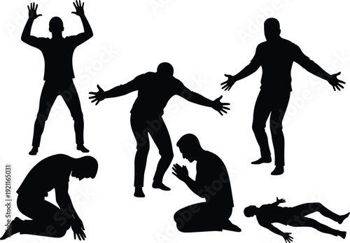 Black silhouettes of men in various poses on white background kneeling