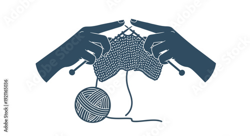 Hands holding knitting needles with yarn and sweater being crafted nearby