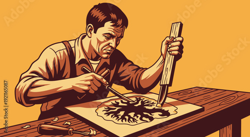 Man carving intricate design on wooden block at traditional workshop table with focused expression from close-up viewpoint