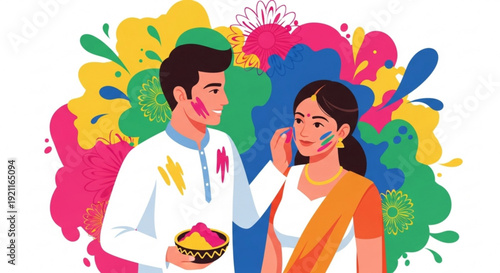Young indian couple celebrating holi festival with colorful powders