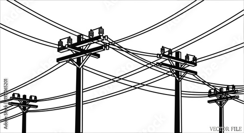 Black and white vector illustration of electric utility poles with power lines, crossarms, insulators, and overhead cables against a clear sky background,
