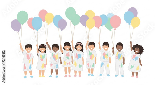 Diverse group of children in colorful outfits holding pastel balloons in the air on white background