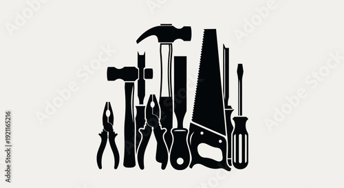 Various tools arranged neatly on surface, a collection of instruments for work and repair tasks illustrated