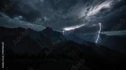 Jagged peaks illuminated by lightning strikes under a dramatic, stormy sky