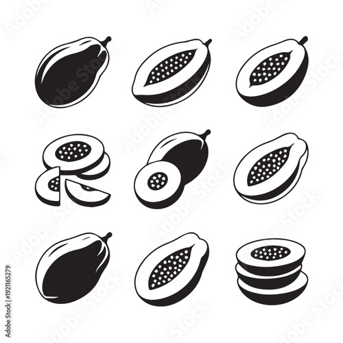 Papaya vector illustration set, whole and sliced fruit icons, tropical sweet fruits isolated on white background, black and white