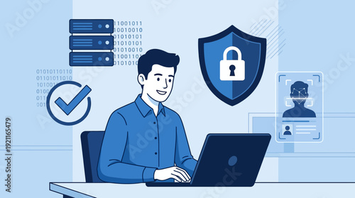 Secure Digital Experience: Man Managing Cybersecurity, Data Protection & User Authentication with Advanced Biometric Systems